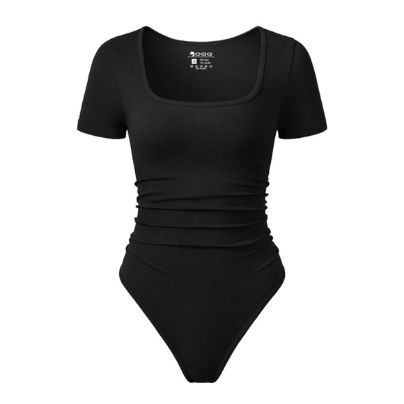 OQQ Tops - OQQ Women Bodysuits Ruched Short Sleeve Square Neck Stretch Bodysuits
